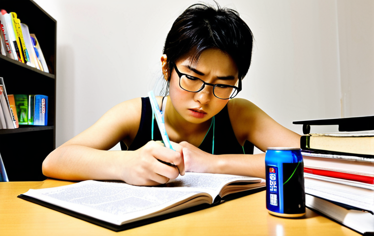 **Image Prompt 1:** A Japanese study desk cluttered with safety engineering textbooks, past exam papers spread around, and a partially consumed energy drink. Focus on a determined student with glasses intensely studying with a highlighter in hand. The overall mood should convey struggle and determination.