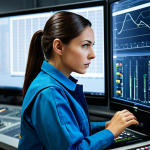 A focused female engineer, fully clothed in a practical, professional jumpsuit and safety vest, observing a complex industrial control panel. Her gaze is intent, showing deep concentration, subtly conveying the human element of careful oversight in a technical environment. The setting is a brightly lit, clean, and modern industrial control room with multiple screens displaying data and schematics. High-resolution, professional studio lighting, realistic photography, crisp details, sharp focus, natural colors. safe for work, appropriate content, fully clothed, professional, modest clothing, perfect anatomy, correct proportions, natural pose, well-formed hands, proper finger count, natural body proportions.