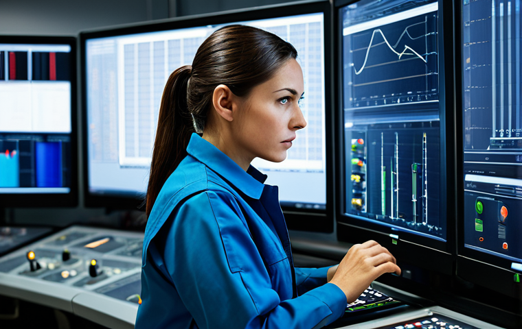 A focused female engineer, fully clothed in a practical, professional jumpsuit and safety vest, observing a complex industrial control panel. Her gaze is intent, showing deep concentration, subtly conveying the human element of careful oversight in a technical environment. The setting is a brightly lit, clean, and modern industrial control room with multiple screens displaying data and schematics. High-resolution, professional studio lighting, realistic photography, crisp details, sharp focus, natural colors. safe for work, appropriate content, fully clothed, professional, modest clothing, perfect anatomy, correct proportions, natural pose, well-formed hands, proper finger count, natural body proportions.