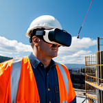 VR Safety Training**

A construction worker wearing a VR headset, fully clothed in work gear with a hard hat, experiencing a simulated high-altitude fall. The scene should depict a realistic construction site environment with scaffolding and safety nets visible in the virtual reality display. Safe for work, appropriate content, fully clothed, professional, perfect anatomy, correct proportions, well-formed hands, proper finger count, natural pose, family-friendly.

**