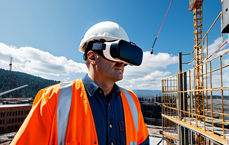 VR Safety Training**

A construction worker wearing a VR headset, fully clothed in work gear with a hard hat, experiencing a simulated high-altitude fall. The scene should depict a realistic construction site environment with scaffolding and safety nets visible in the virtual reality display. Safe for work, appropriate content, fully clothed, professional, perfect anatomy, correct proportions, well-formed hands, proper finger count, natural pose, family-friendly.

**
