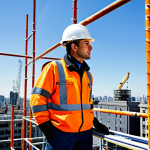 High-Altitude Safety**

A construction worker in a fully clothed work uniform, including a hard hat and safety harness, working on scaffolding on a building's exterior. Background shows a cityscape with a clear blue sky. Focus on safety equipment and proper procedures. Safe for work, appropriate content, professional, fully clothed, perfect anatomy, natural proportions, high quality.

**