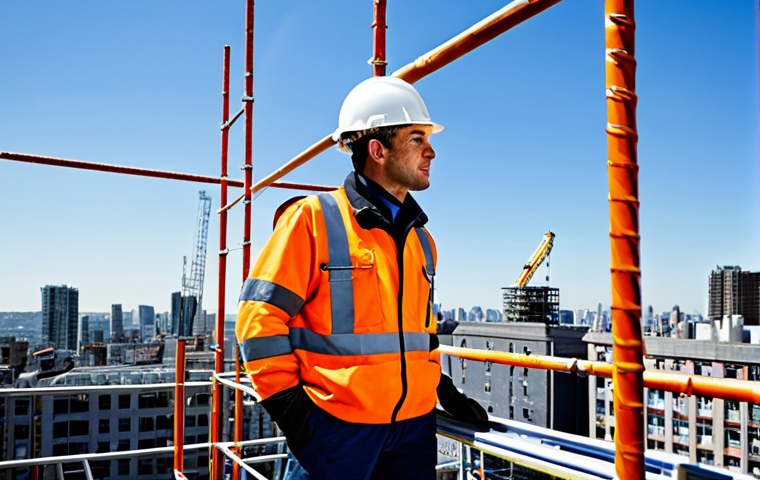 High-Altitude Safety**

A construction worker in a fully clothed work uniform, including a hard hat and safety harness, working on scaffolding on a building's exterior. Background shows a cityscape with a clear blue sky. Focus on safety equipment and proper procedures. Safe for work, appropriate content, professional, fully clothed, perfect anatomy, natural proportions, high quality.

**