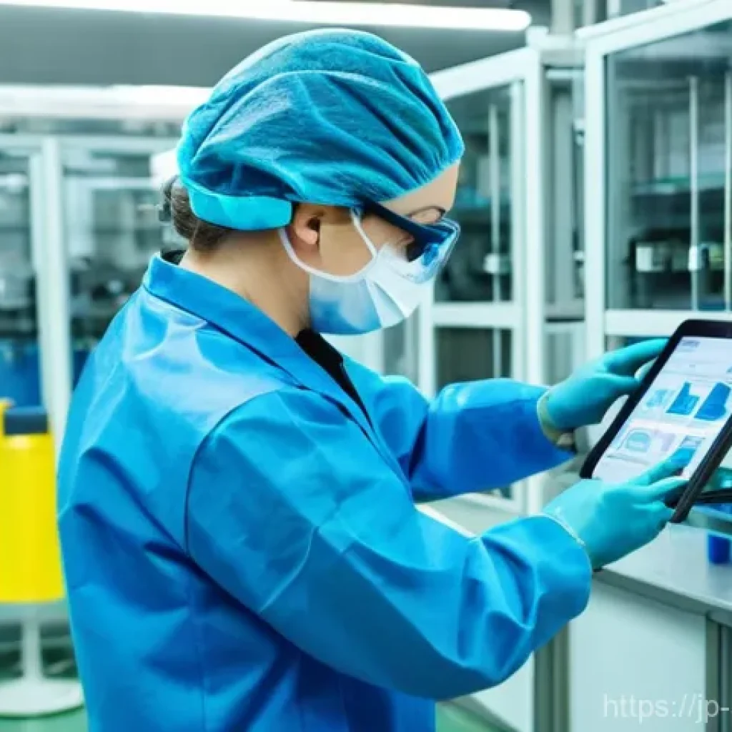 산업안전 관련 법규 해설 - **Prompt:** A clean, brightly lit modern chemical laboratory or factory floor. A diverse group of 2-...