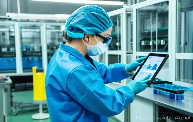 산업안전 관련 법규 해설 - **Prompt:** A clean, brightly lit modern chemical laboratory or factory floor. A diverse group of 2-...