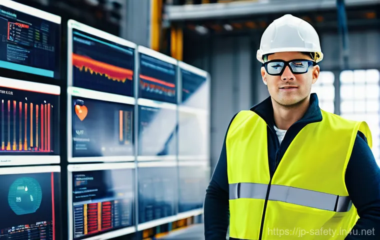 안전관리자의 커뮤니케이션 툴 추천 - An advanced AI safety monitoring system display at a well-lit construction site. The main screen sho...