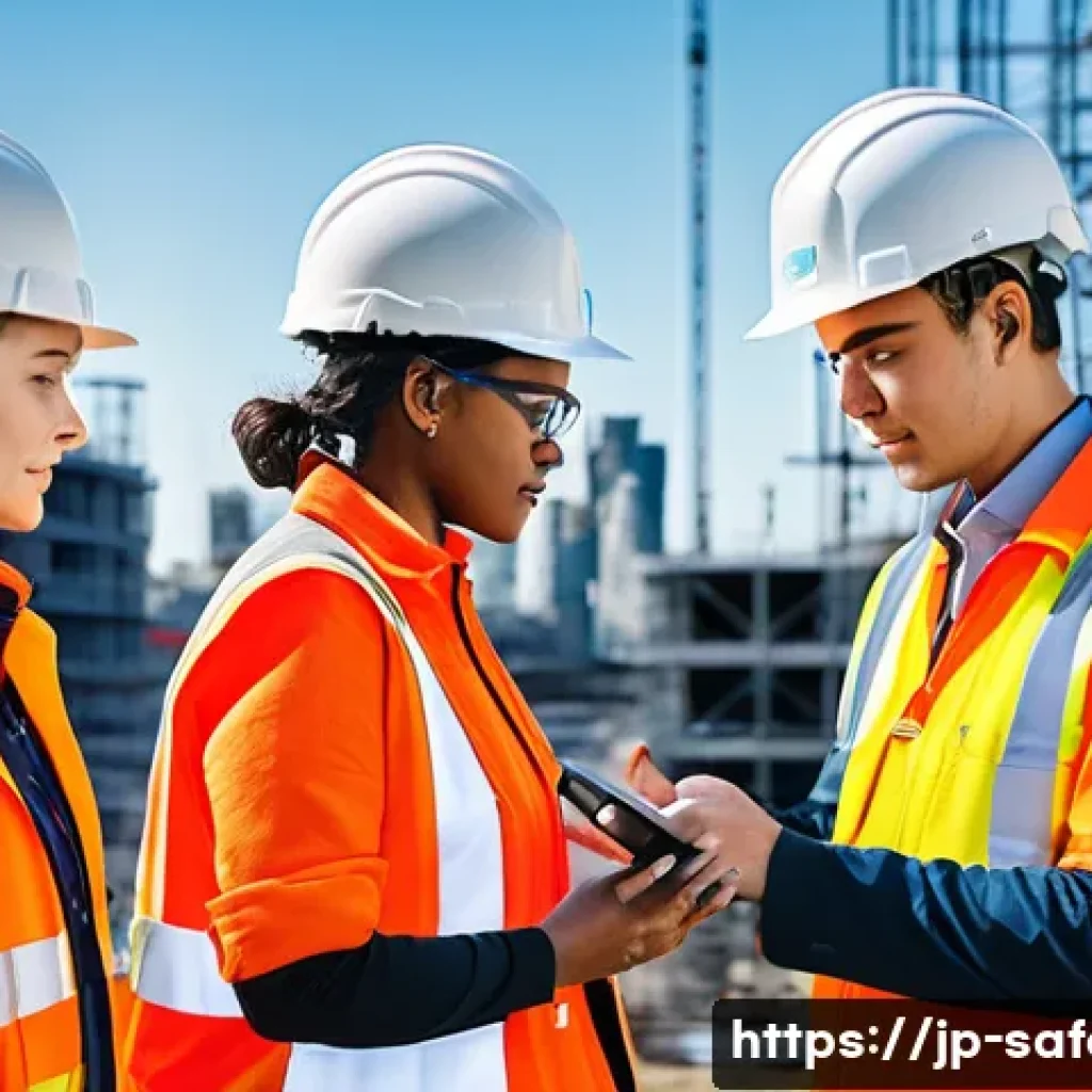 스마트 안전 장비 소개 - **Prompt:** A diverse group of construction workers, both male and female, diligently performing tas...