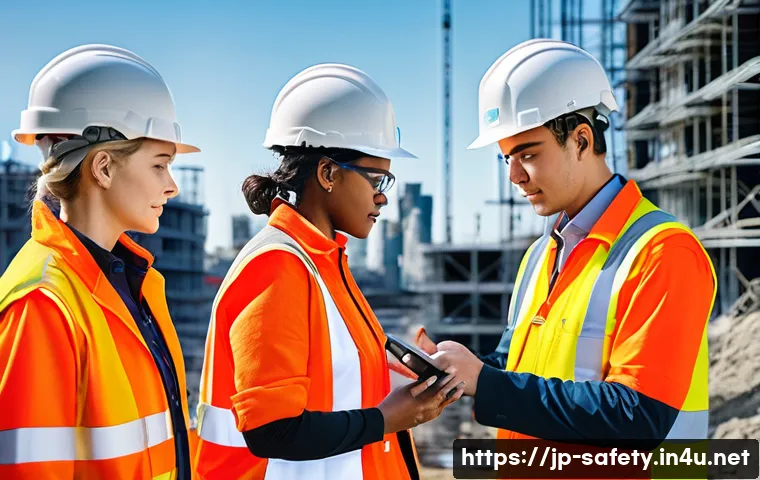 스마트 안전 장비 소개 - **Prompt:** A diverse group of construction workers, both male and female, diligently performing tas...