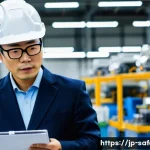 안전관리 직무로의 경력 전환 성공 사례 - A professional Japanese safety manager in business casual attire, wearing safety glasses and a helme...