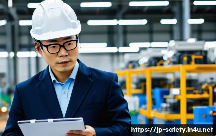 안전관리 직무로의 경력 전환 성공 사례 - A professional Japanese safety manager in business casual attire, wearing safety glasses and a helme...
