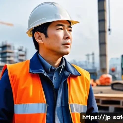 안전관리 분야에서의 리더십 개발 - A Japanese site safety leader attentively observing a busy construction site, focusing on subtle sig...
