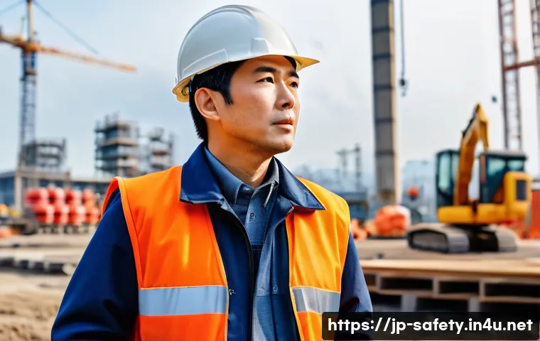 안전관리 분야에서의 리더십 개발 - A Japanese site safety leader attentively observing a busy construction site, focusing on subtle sig...