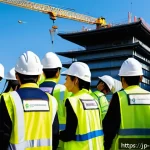 건설 현장 안전 점검 체크리스트 - A detailed construction site morning safety meeting scene in Japan, featuring a diverse group of wor...