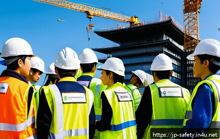 건설 현장 안전 점검 체크리스트 - A detailed construction site morning safety meeting scene in Japan, featuring a diverse group of wor...