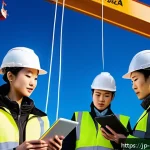 건설현장 안전관리 일지 작성법 - A modern Japanese construction site scene featuring workers in safety gear including helmets, gloves...