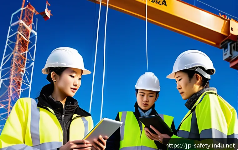건설현장 안전관리 일지 작성법 - A modern Japanese construction site scene featuring workers in safety gear including helmets, gloves...