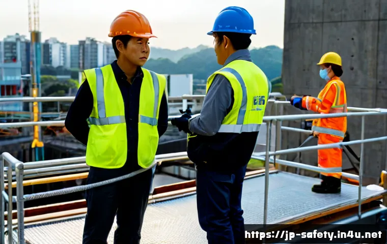 건설업 안전관리의 주요 이슈 - Photorealistic Japanese construction site safety inspection, experienced site supervisor in clean he...