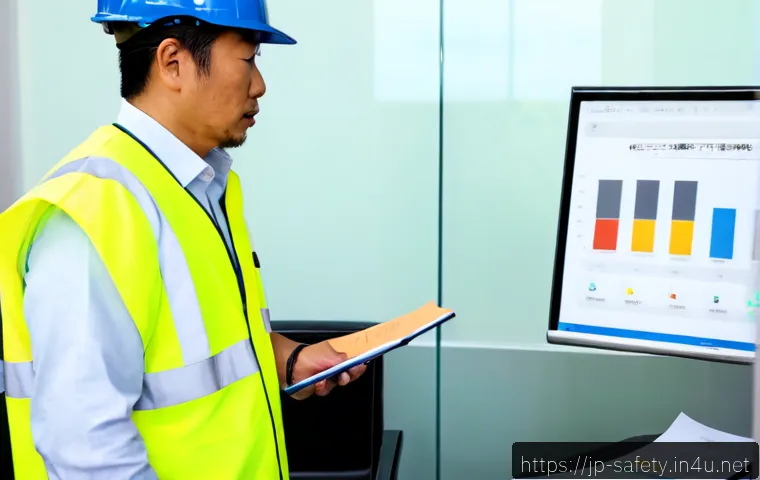 안전관리자의 성과 평가 방법 - Photorealistic Japanese workplace safety evaluation meeting, a safety manager in clean high-visibili...