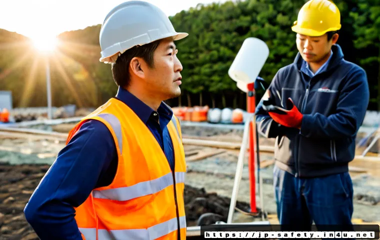 현장 근로자를 위한 안전교육 자료 - Photorealistic Japanese construction site safety briefing, experienced supervisor in clean high-visi...